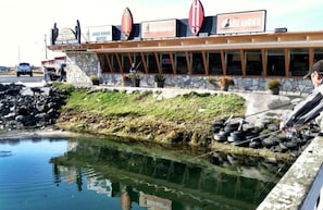 A waterfront restaurant with a stone facade, large windows, and a sign indicating it is a seafood restaurant. - Islander Westport (Westport)