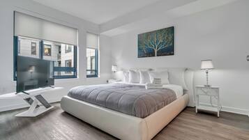 Premium Apartment, 2 Bedrooms, Kitchen, City View | Frette Italian sheets, premium bedding, individually decorated