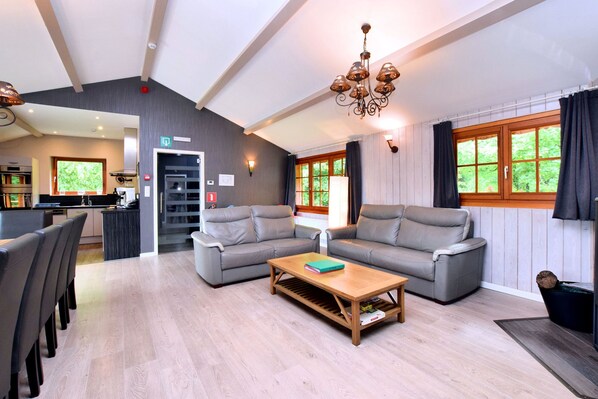 Télévision, cheminée, lecteur de DVD, baby-foot