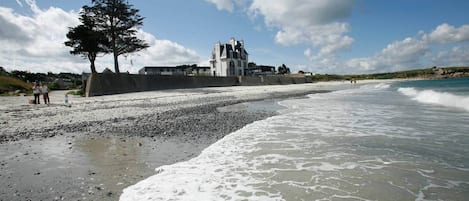 Une plage avec un grand bâtiment en arrière-plan, un arbre et des personnes se promenant le long du rivage.