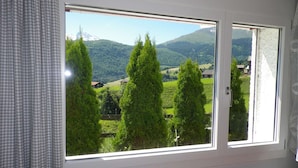 Ein Zimmer mit einem großen Fenster, das einen Blick auf eine gebirgige Landschaft bietet, einem Heizkörper darunter und einem teilweise sichtbaren karierten Vorhang.