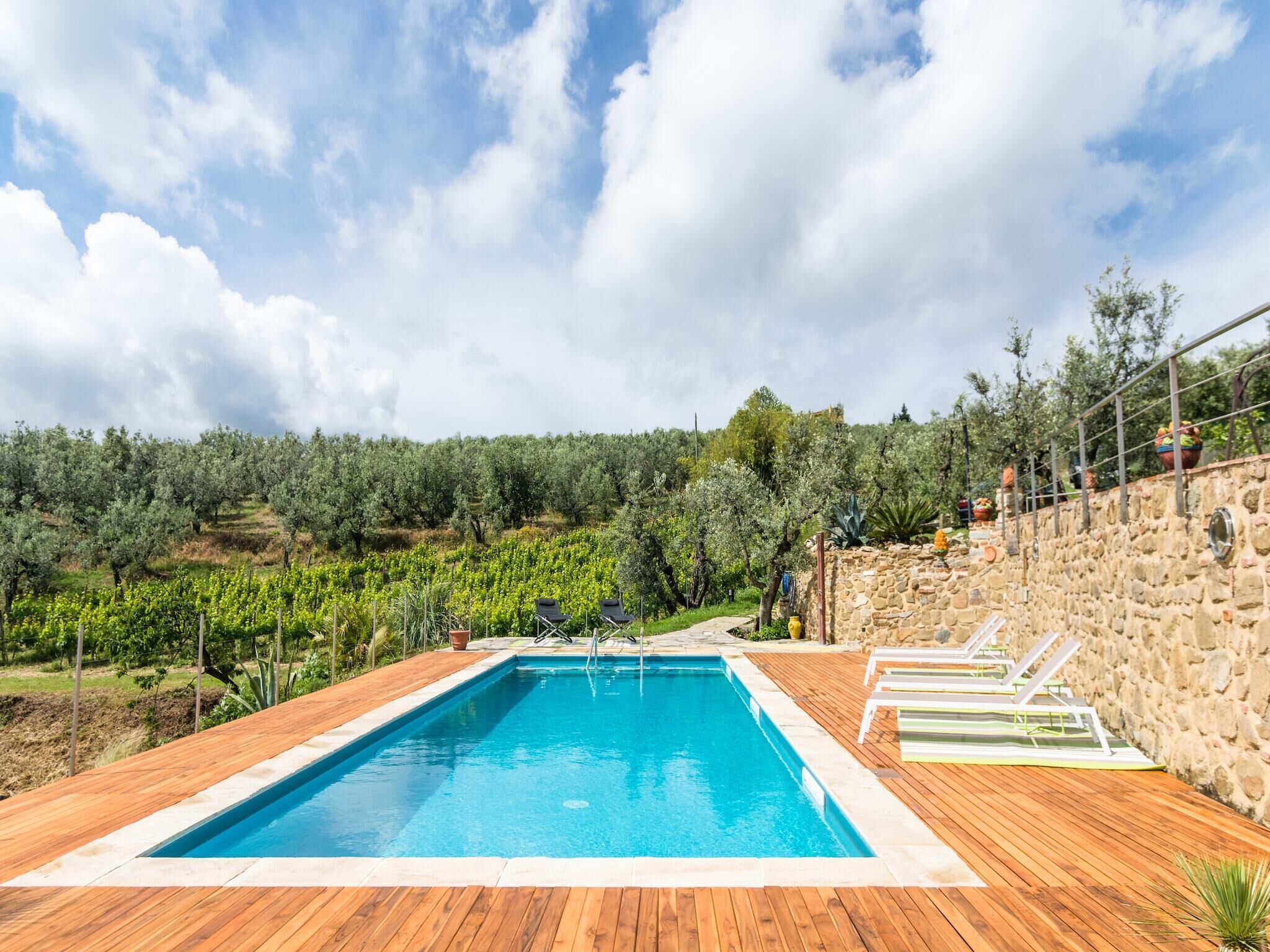 A rectangular pool with a wooden deck, surrounded by a stone wall and a garden with various plants and trees.