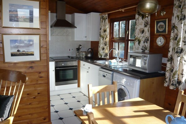 Compact kitchen area with sink, stove, microwave, kettle, and dishwasher, plus a dining table and chairs.