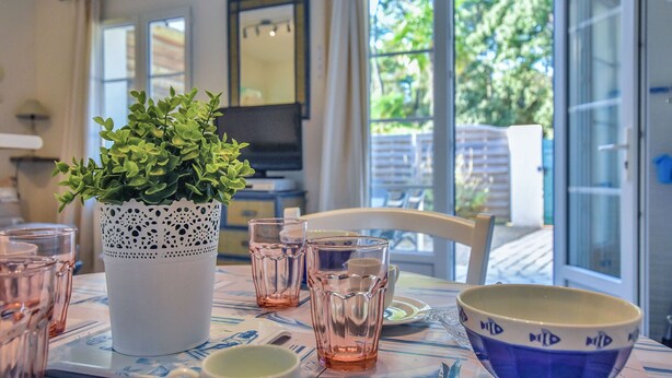 Ett matbord med en krukväxt, två glas, en skål och en stol.