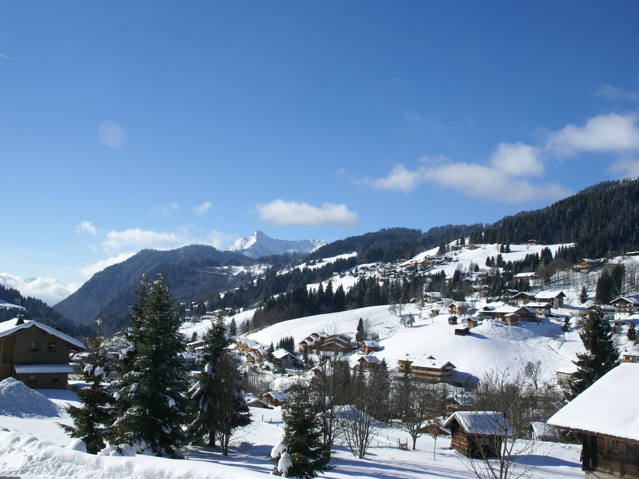 A snow-covered village with traditional wooden houses, a mountain backdrop, and a clear blue sky.