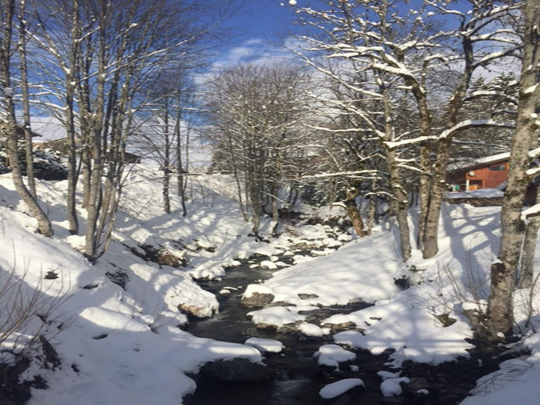 A snow-covered landscape with a stream, bare trees, and a building in the background.