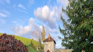 Een stenen huisje met een rode dakbedekking, omgeven door weelderige begroeiing en een helderblauwe lucht.