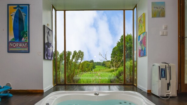 Een kamer met een groot raam met uitzicht op een groen landschap.