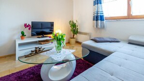 Un salon moderne avec un canapé, une table basse en verre, un téléviseur et une plante en pot.