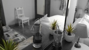 Une pièce comprenant un lit, une chaise, une petite table avec une bouteille d’eau, deux plantes en pot et un miroir.
