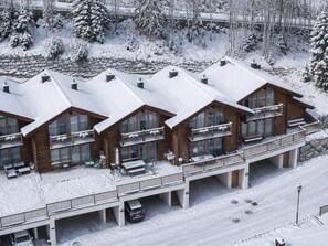 A row of log cabins with balconies, surrounded by snow-covered trees.