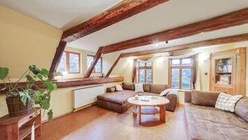 Fernseher, Kamin, DVD-Player, Tischfußball