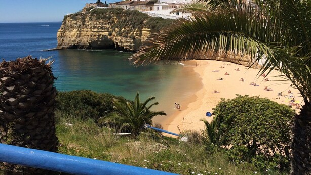 Une plage côtière avec une falaise, des palmiers et un bâtiment en arrière-plan.