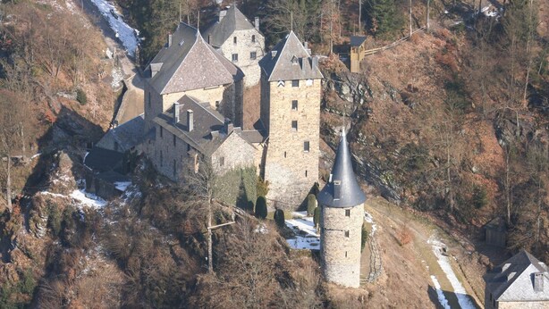 A medieval castle with multiple towers, surrounded by forested hills and a snow-covered path. - Spacious Home with Garden (Waimes)