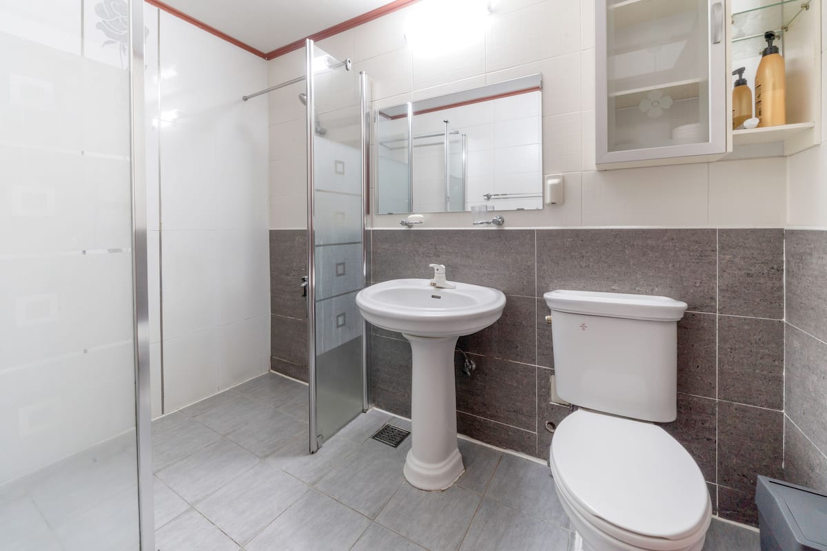 suite room | bathroom | hair dryer, towels, soap, shampoo