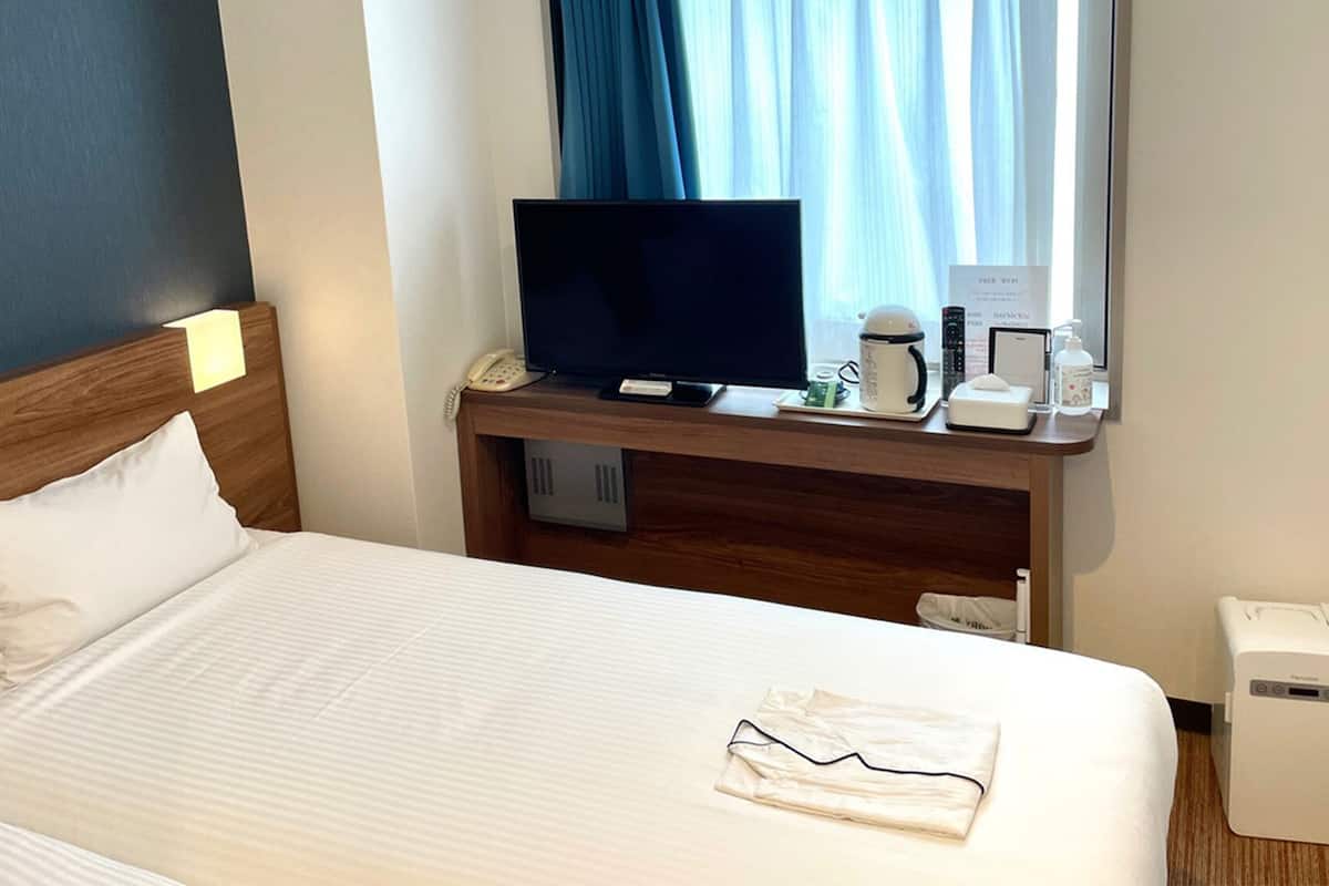 A hotel room with a bed, a television, a coffee maker, and a trash bin.