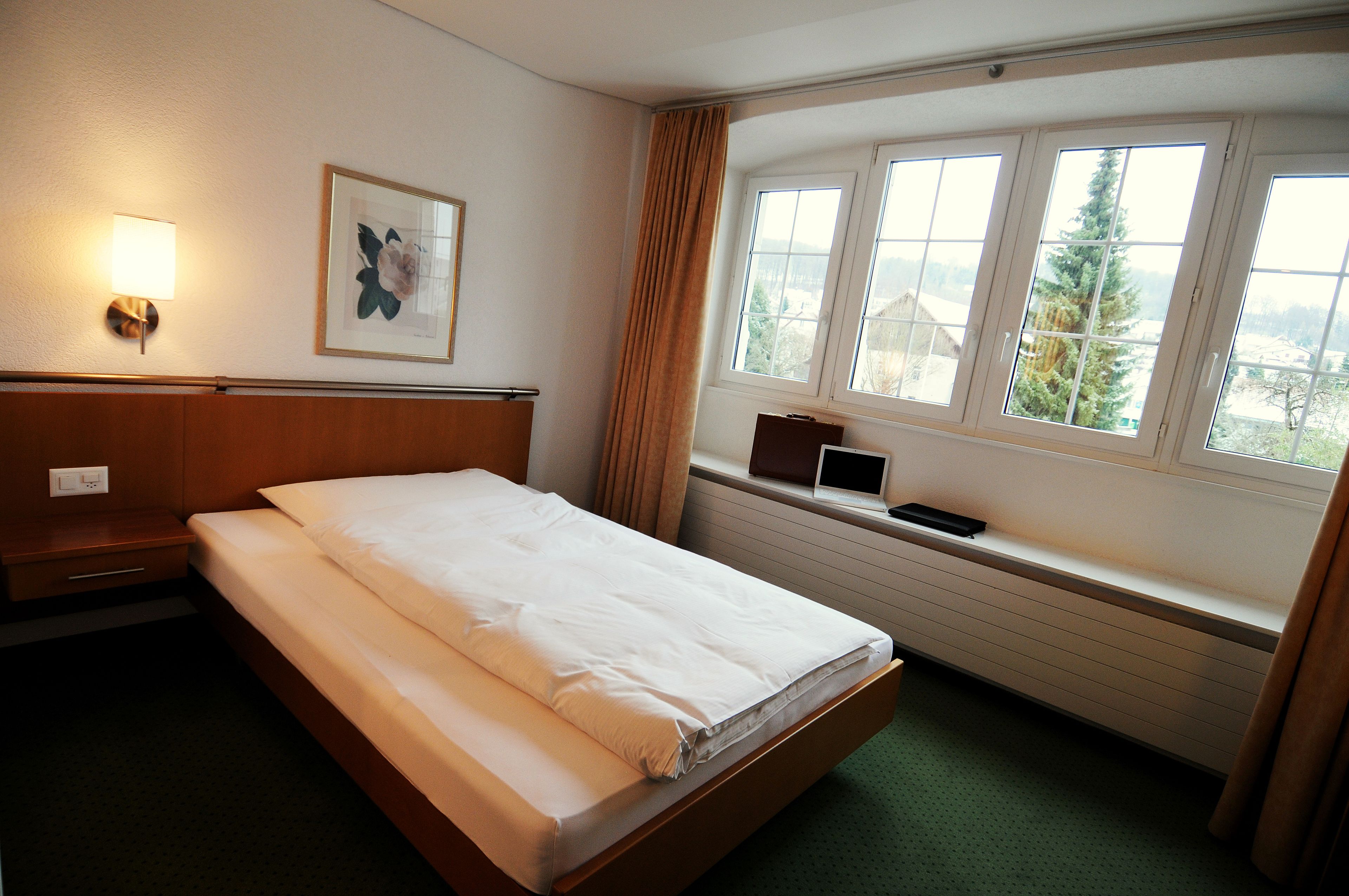 A hotel room with a bed, a bedside table, a lamp, a framed picture, a window with curtains, and a view of trees and buildings outside.