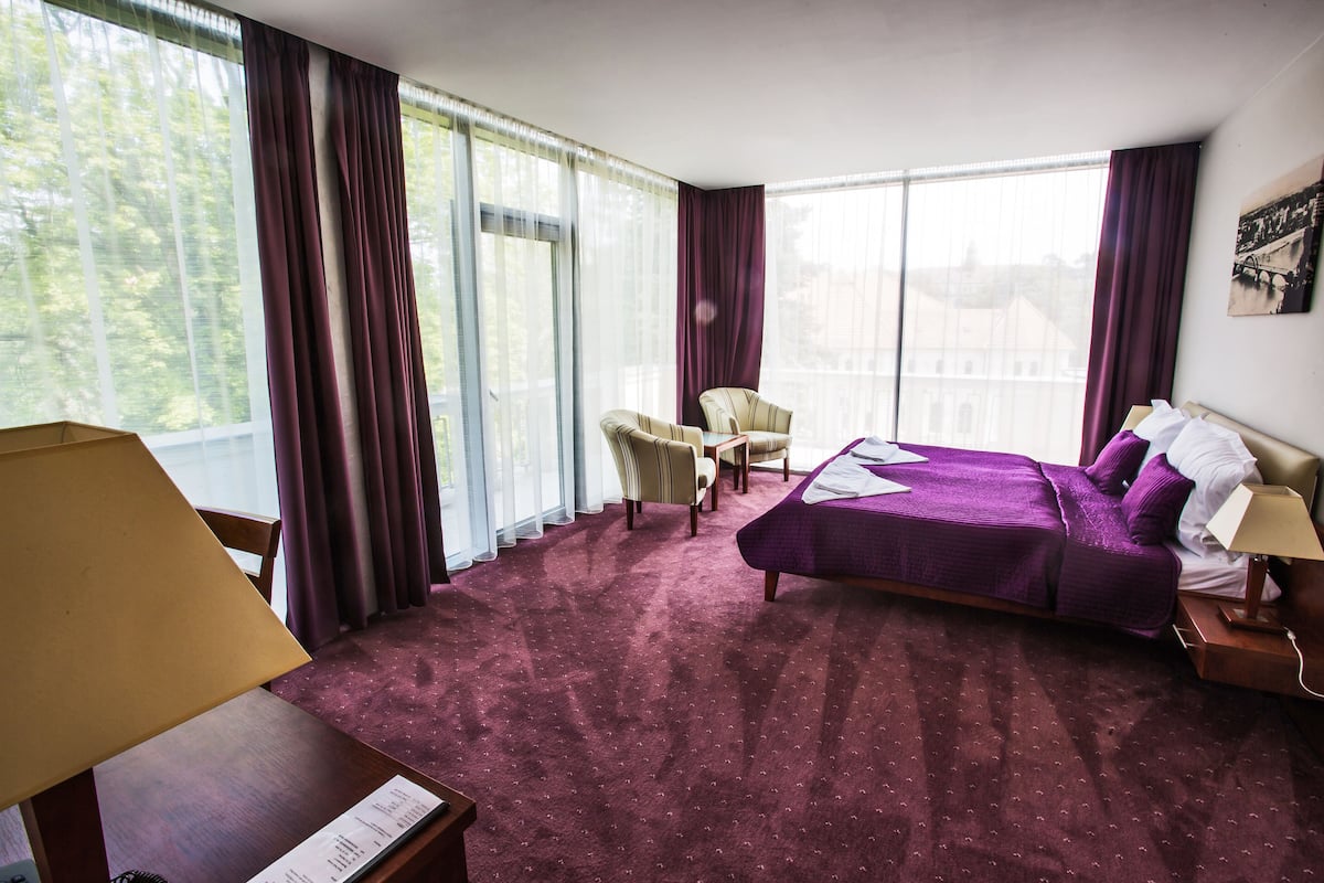 Hotelkamer met een groot bed, een bureau, een stoel en uitzicht op een gebouw.