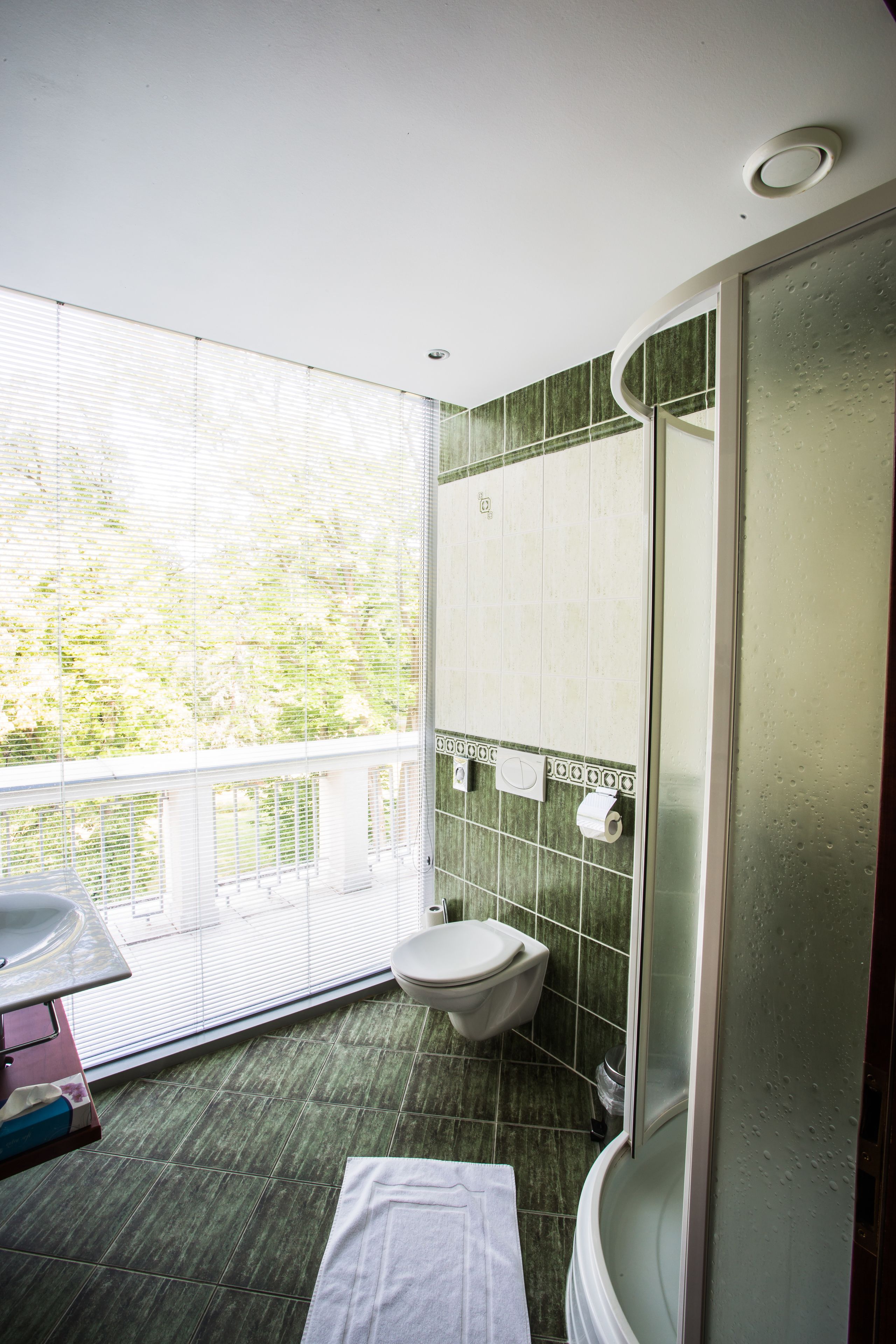 A bathroom with a toilet, sink, and shower. It has a balcony with a view of trees.