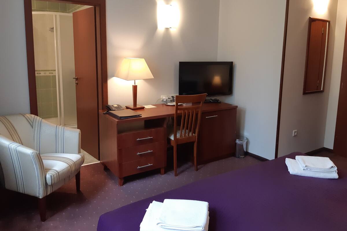 Een hotelkamer met een bed, een bureau met stoel, een televisie, een lamp en een badkamer met douche.