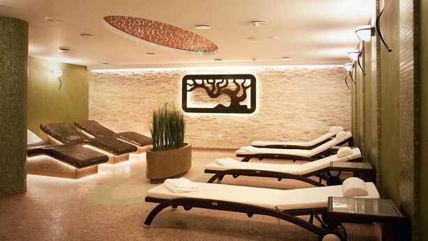 Een spa ruimte met meerdere ligbedden, een decoratief wandobject en een grote potplant.
