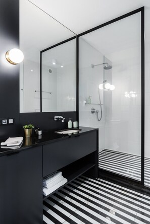 Ducha, secador de pelo, toallas, papel higiénico