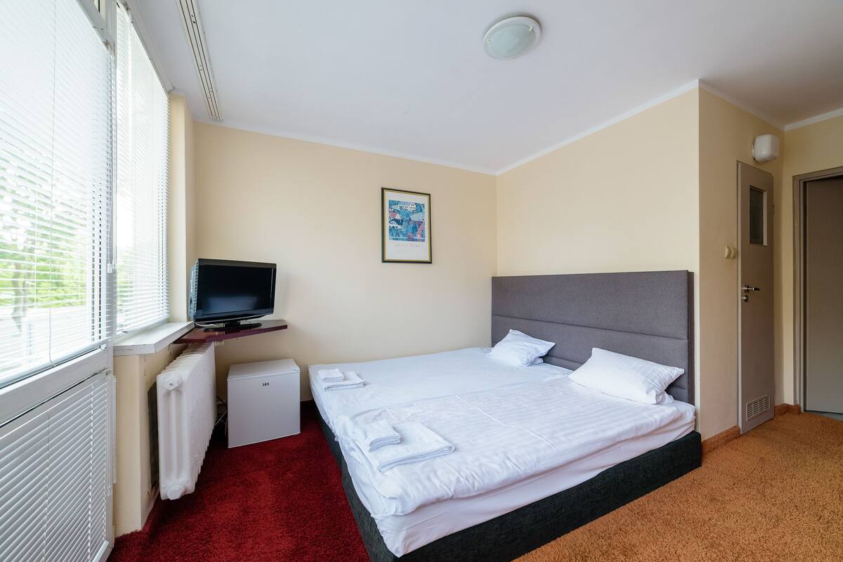 A hotel room with a bed, a television, a radiator, and a door.