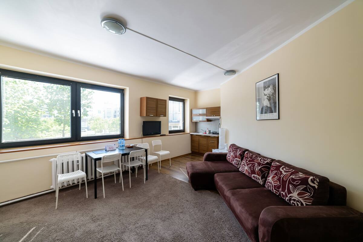 A compact living space with a kitchenette, a dining area, and a seating area with a sofa and chairs.