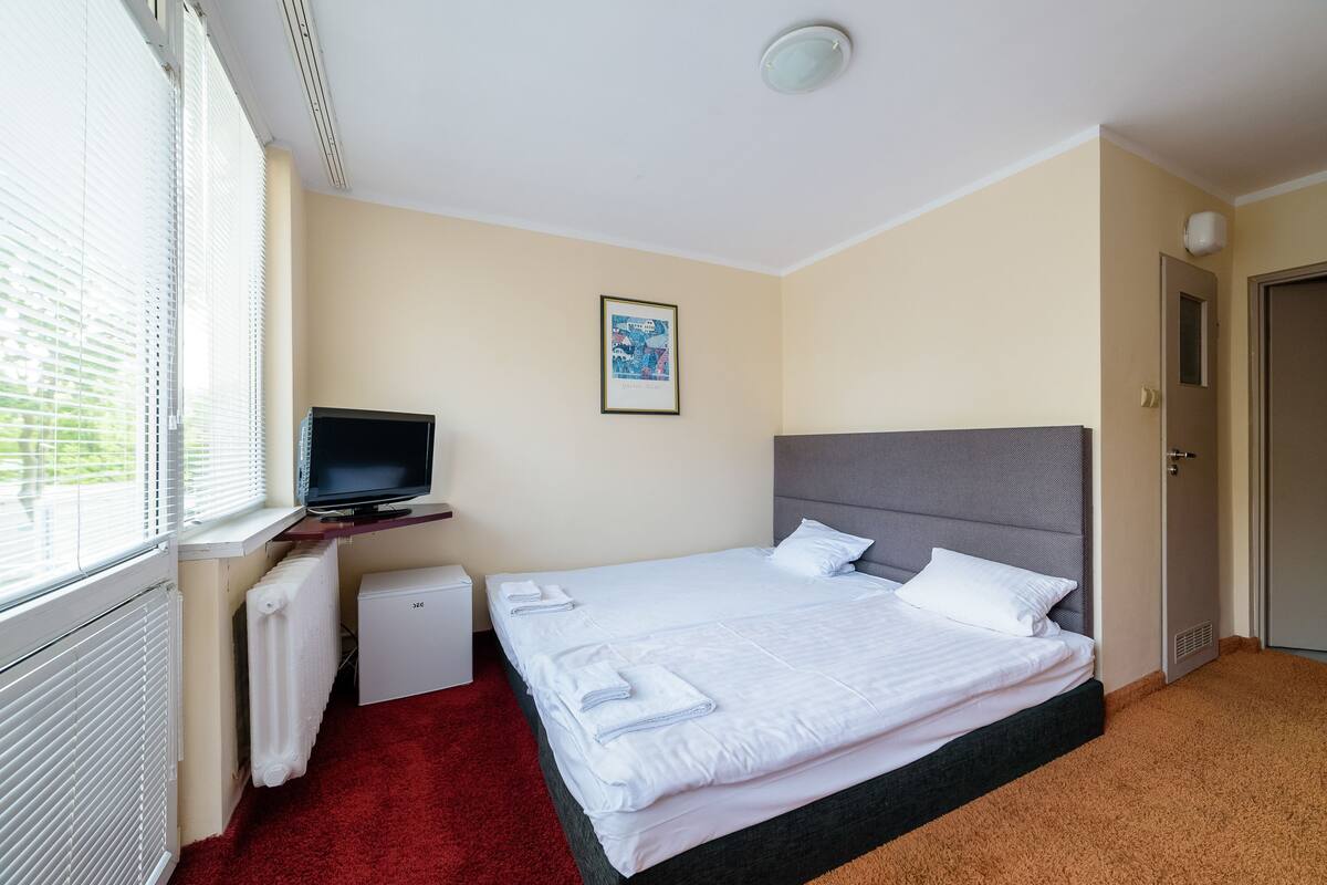 A hotel room with a bed, a television, a radiator, and a door.