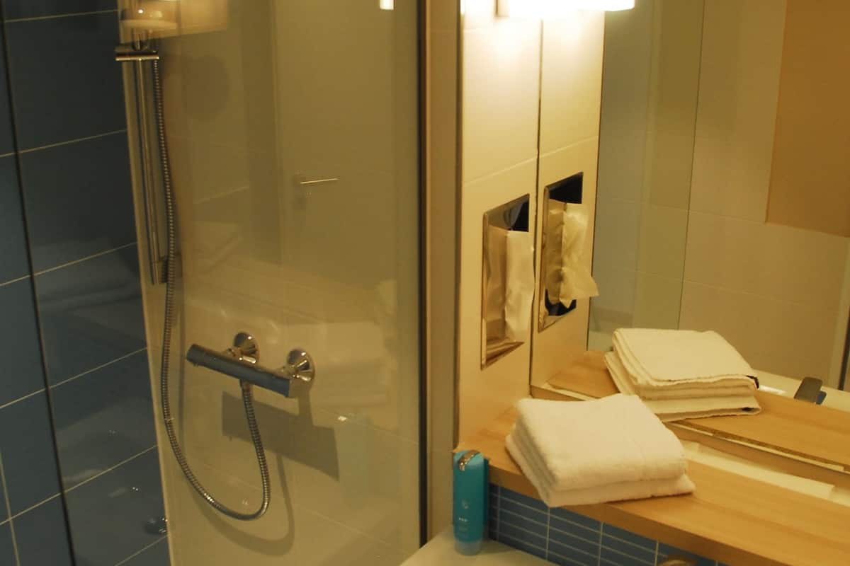 shower, free toiletries, hair dryer, towels