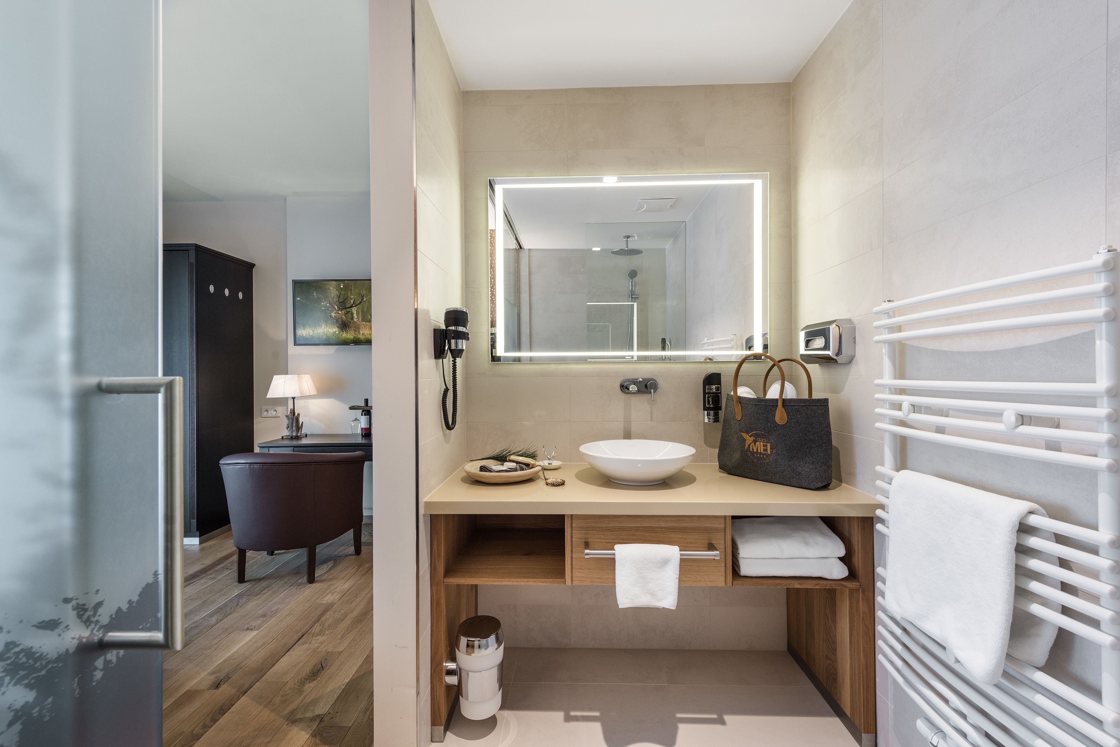 double room (waldzauber) | bathroom | shower, free toiletries, hair dryer, bathrobes