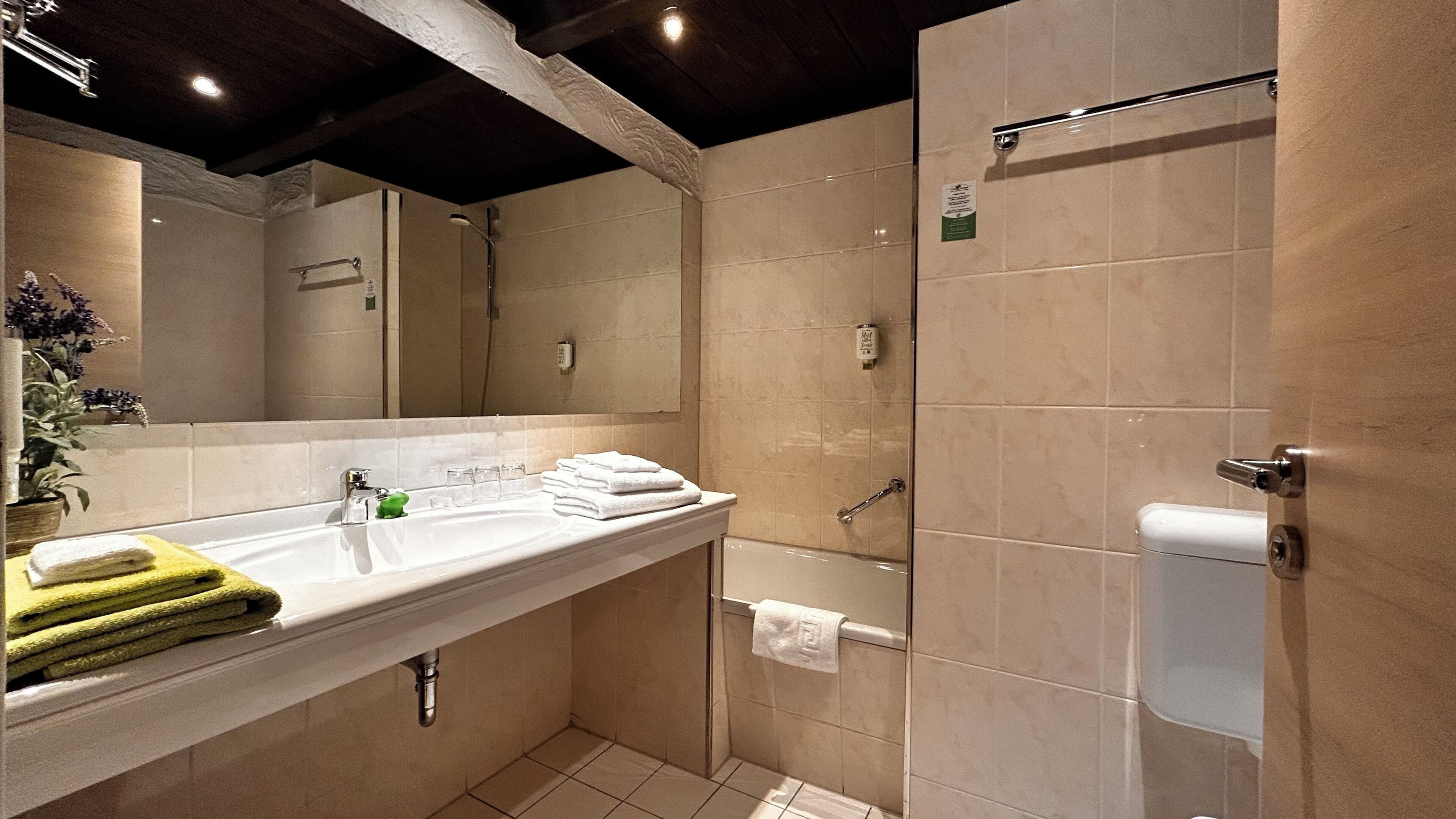 A modern bathroom with a large mirror, a sink, a shower, and a toilet.