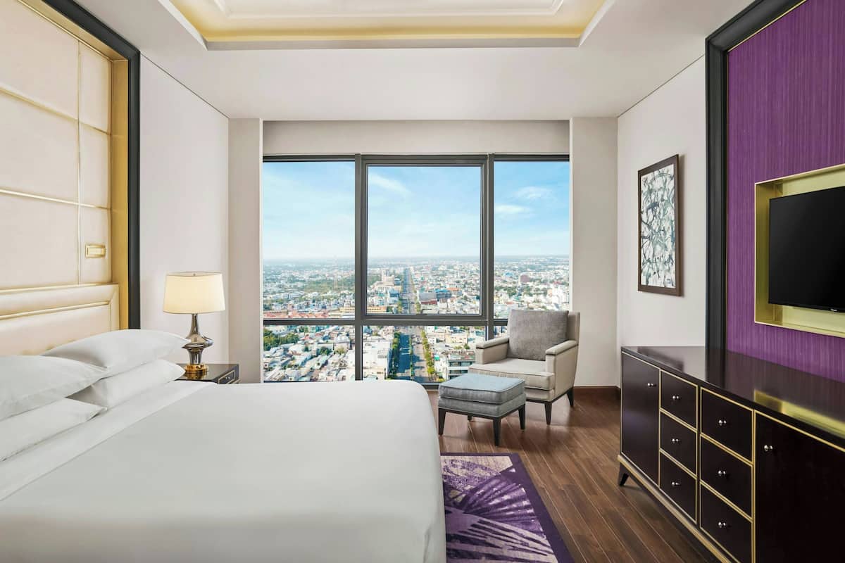 Una habitación de hotel con una cama grande, un escritorio, una silla, un televisor y vistas a la ciudad.