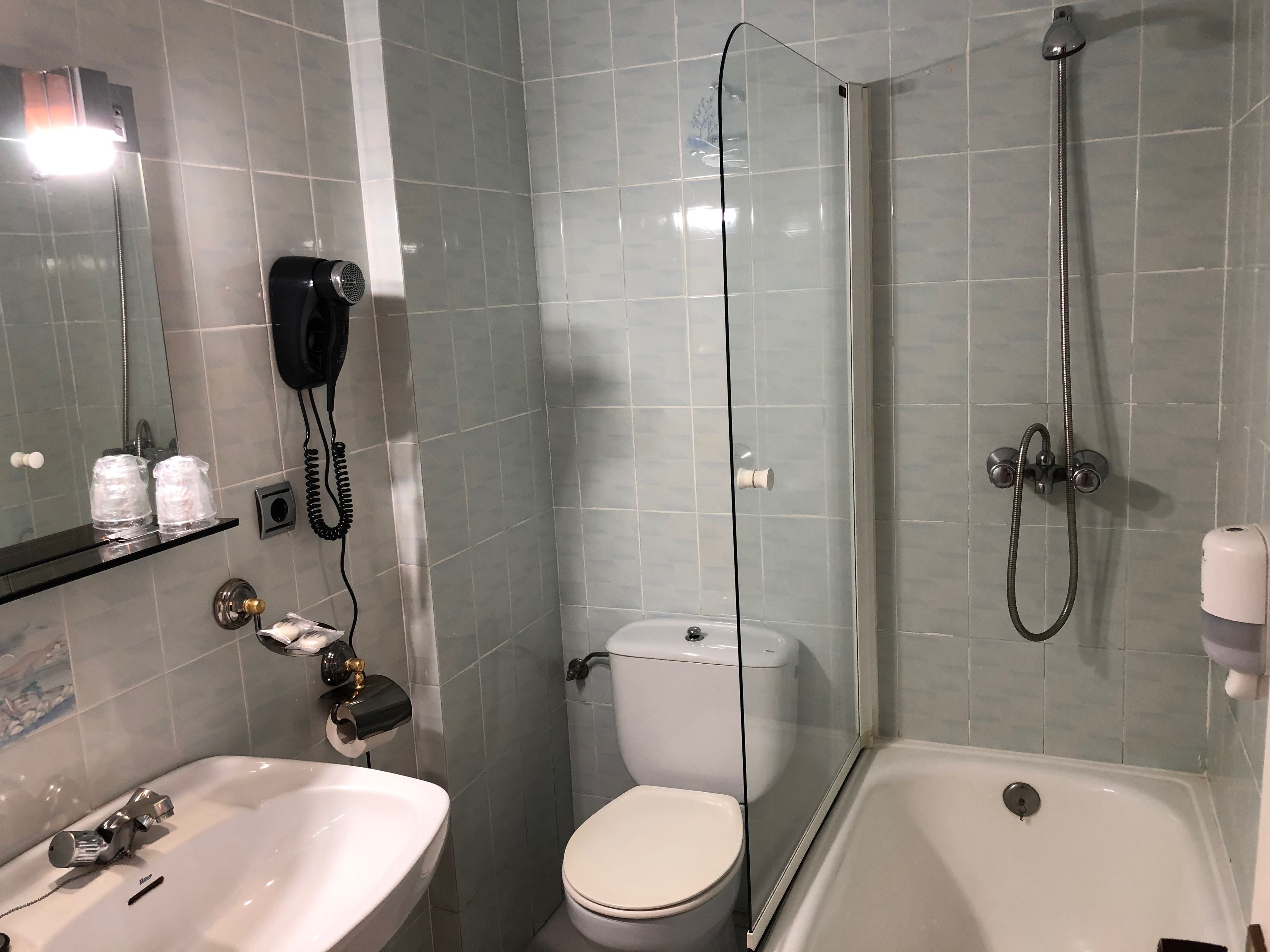 combined shower/bathtub, free toiletries, hair dryer, towels