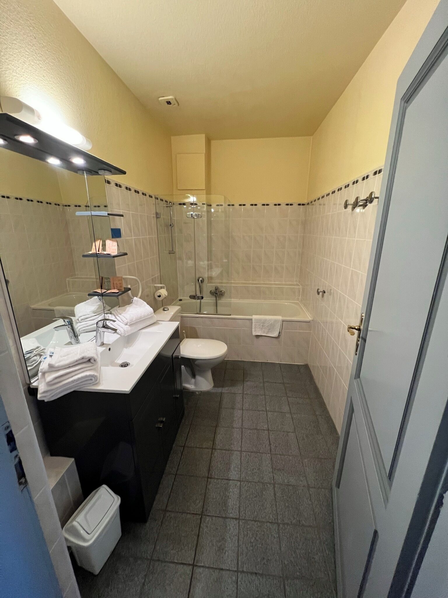 Et badeværelse med bruser, toilet, vask og spejl.