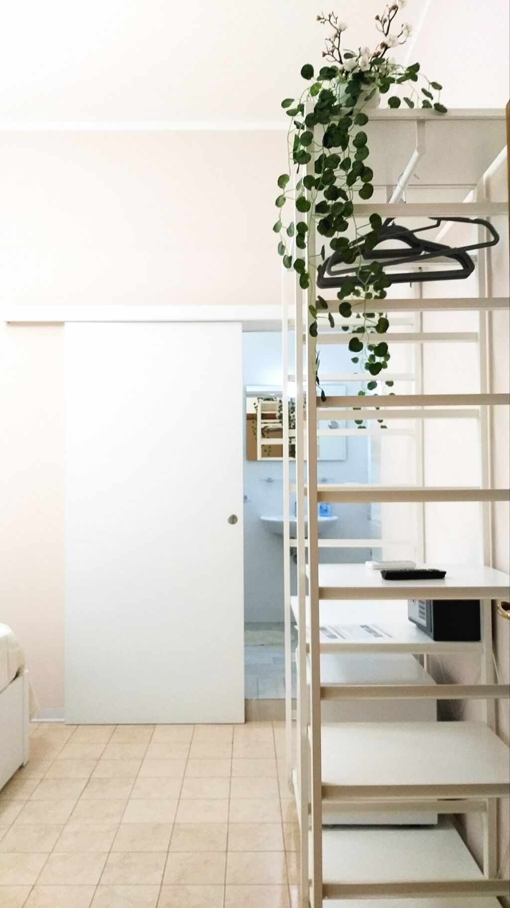 Un espacio interior blanco con una puerta blanca, un estante blanco con una planta colgante y un suelo de baldosas.