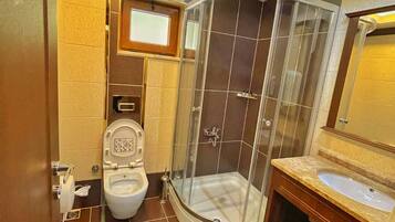 Ein modernes Badezimmer mit einer Duschkabine, einer Toilette und einem Waschbecken mit Waschtisch.