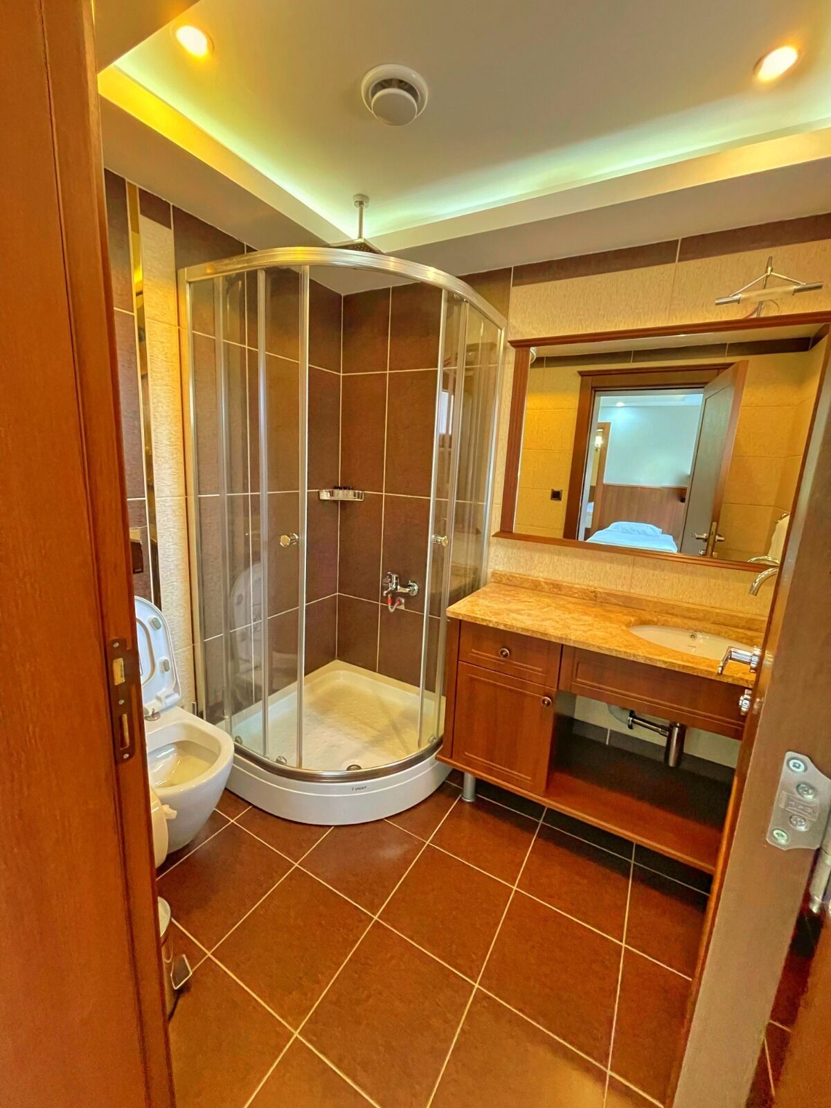 A modern bathroom with a glass-enclosed shower, a toilet, and a vanity with a mirror.