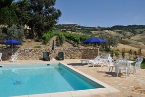 Seasonal outdoor pool, open 9:00 AM to 8:00 PM, pool umbrellas
