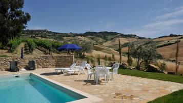 Seasonal outdoor pool, open 9:00 AM to 8:00 PM, pool umbrellas