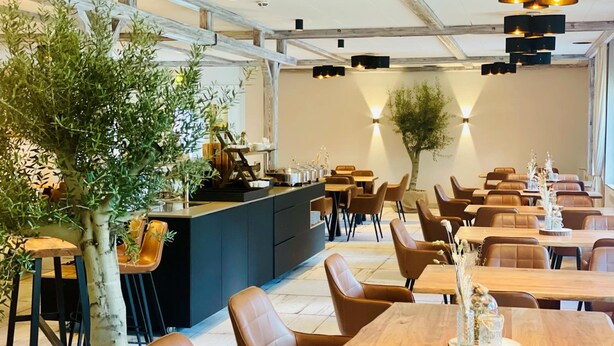 A modern restaurant with wooden tables and leather chairs, a central bar area, and potted plants. - Spree-Waldhotel Cottbus (Cottbus)