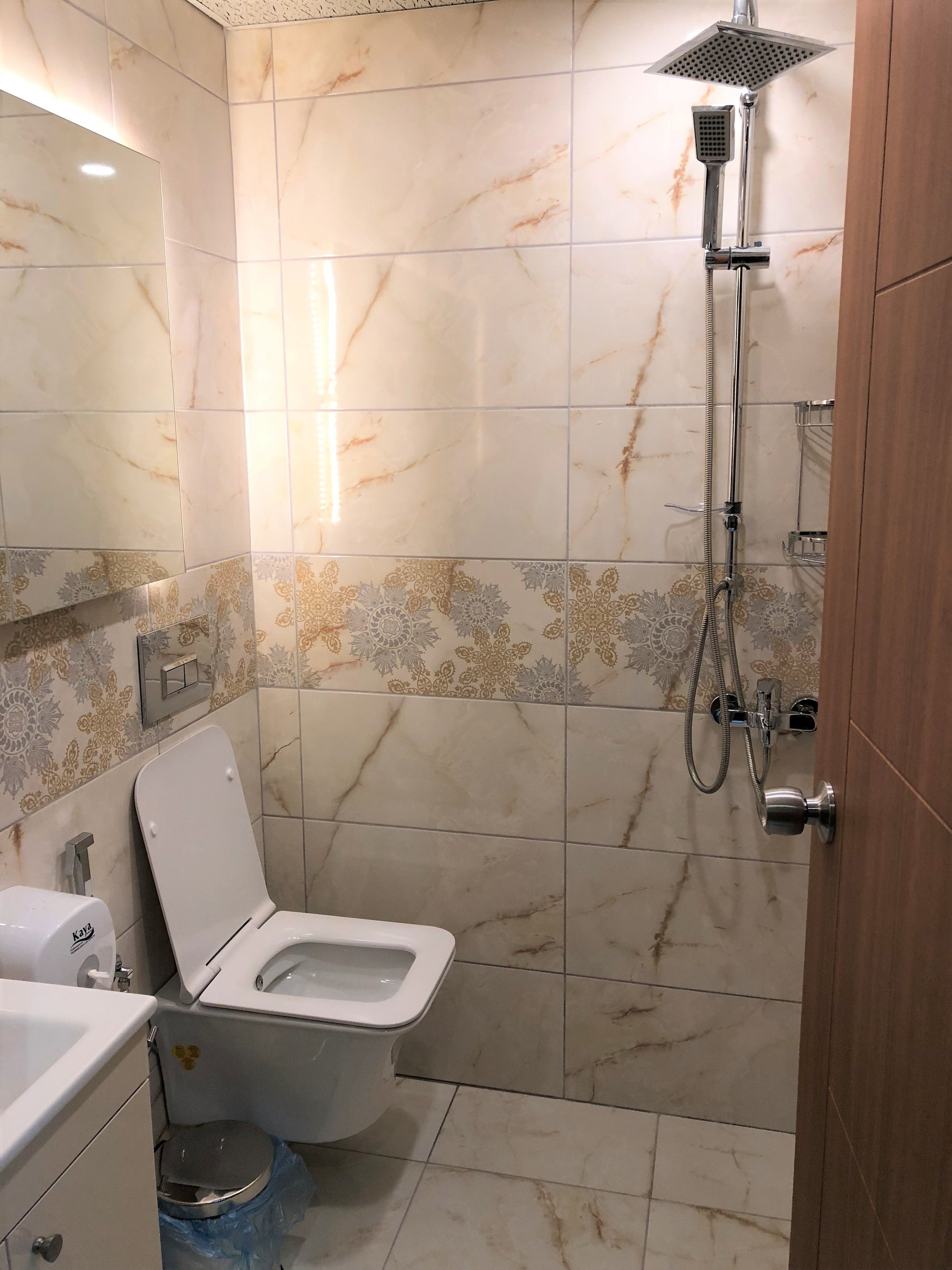 Een badkamer met toilet, douche en wastafel.