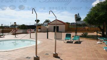 Outdoor pool, pool umbrellas, pool loungers