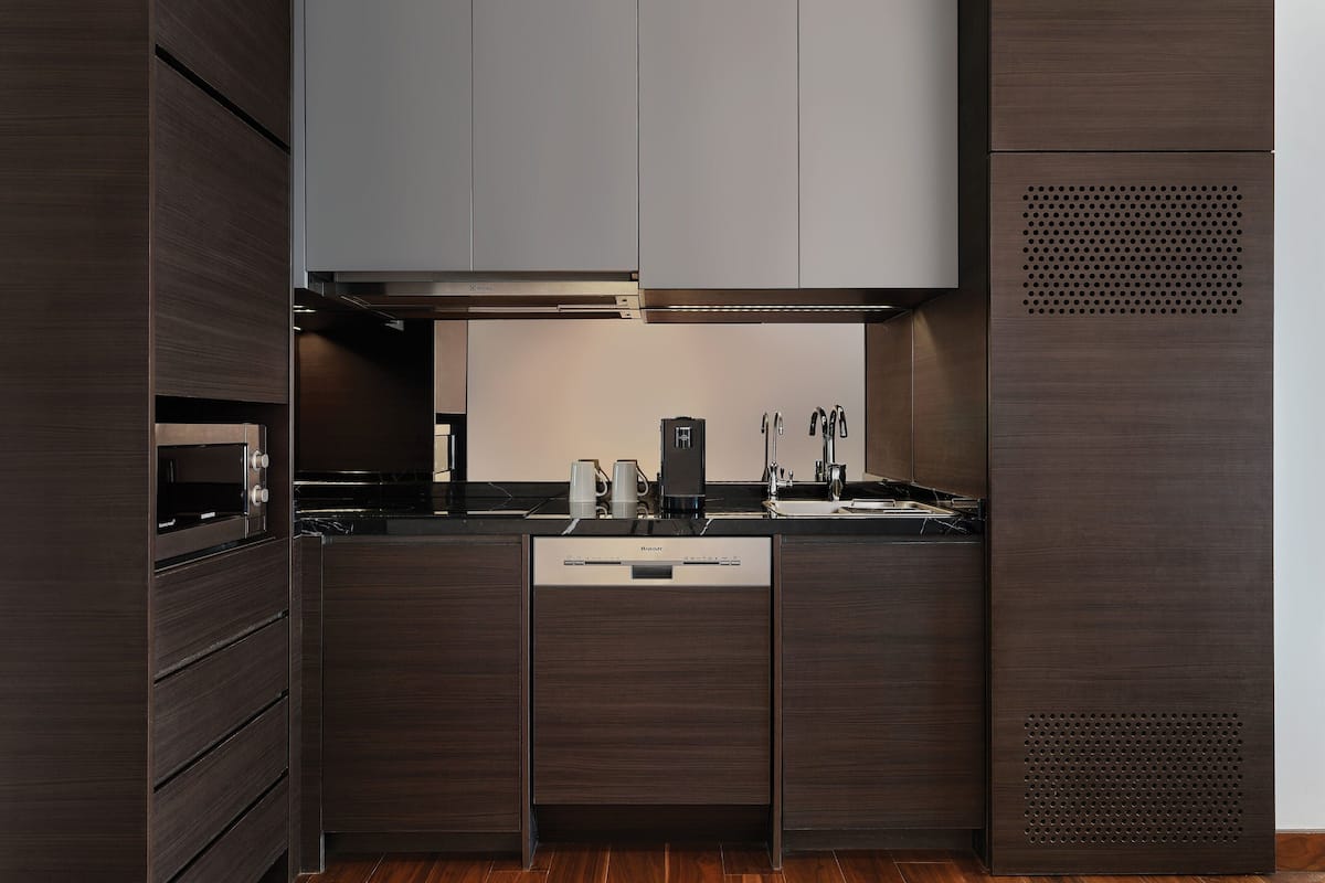 mini-fridge, microwave, coffee/tea maker, electric kettle