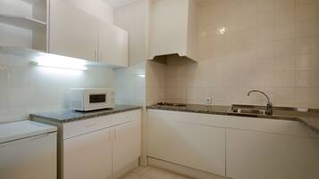 Een mini-koelkast, een magnetron, een kookplaat, een waterkoker