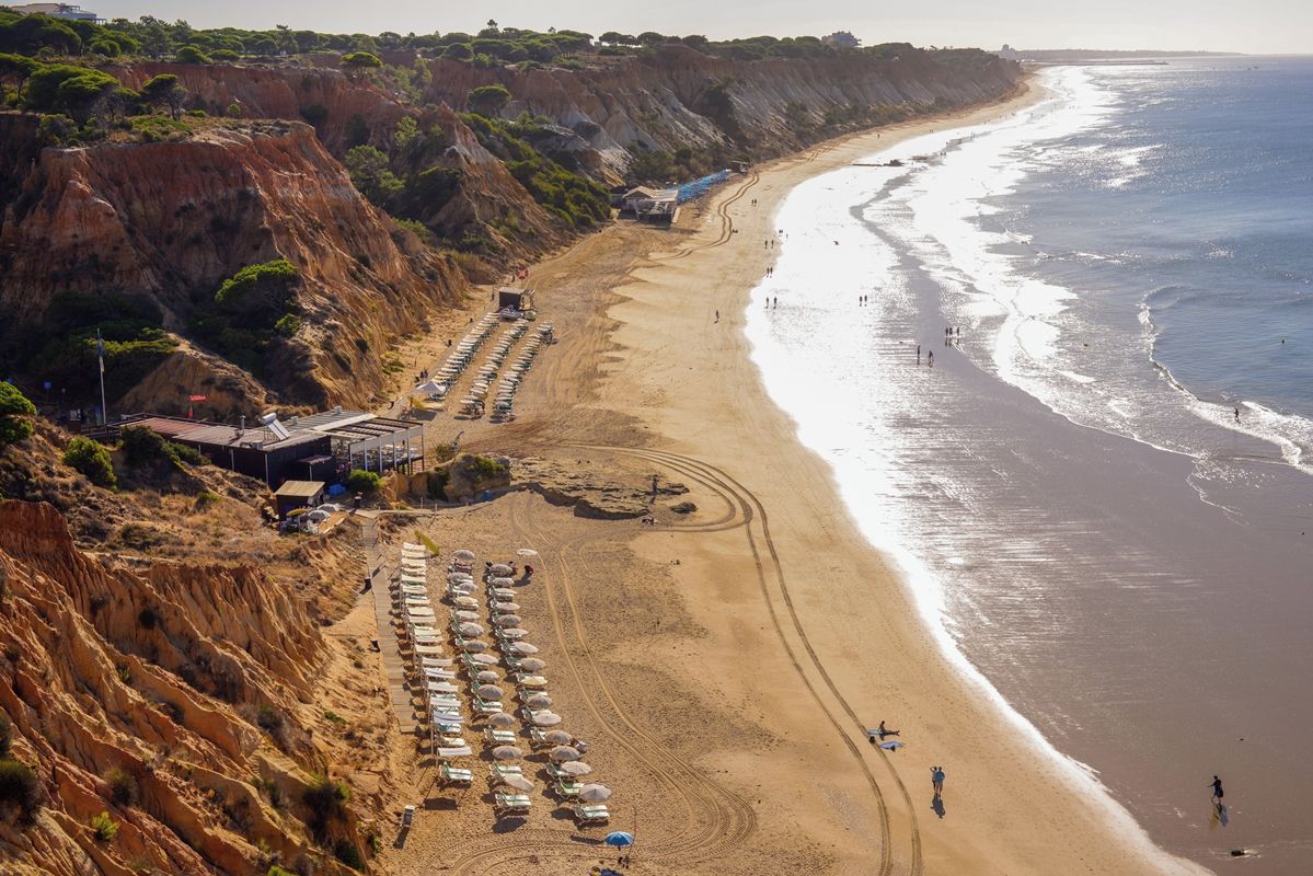 A coastal beach with rows of sunbeds and umbrellas, a sandy beach, and a cliffside.