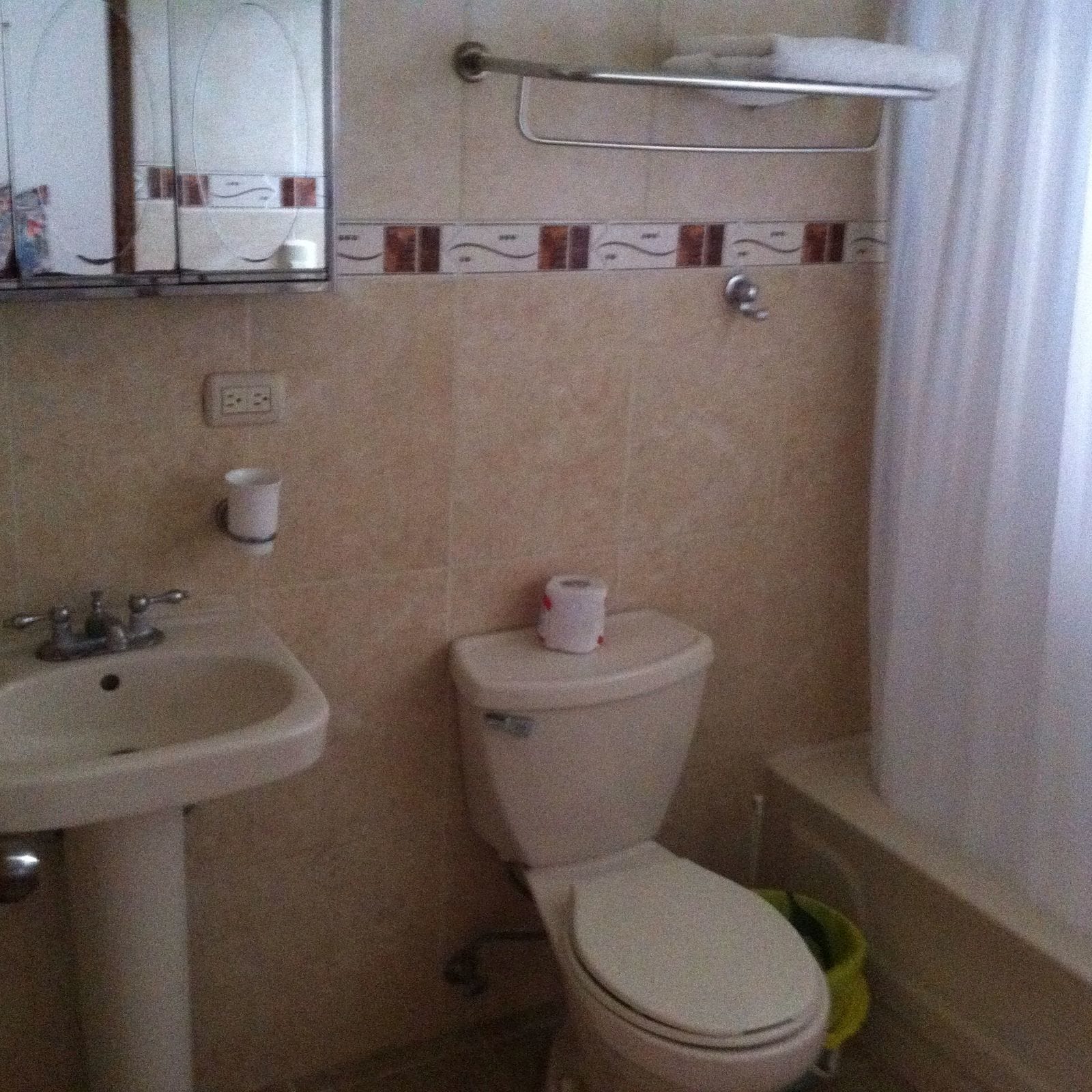 A bathroom with a sink, toilet, and a mirror.