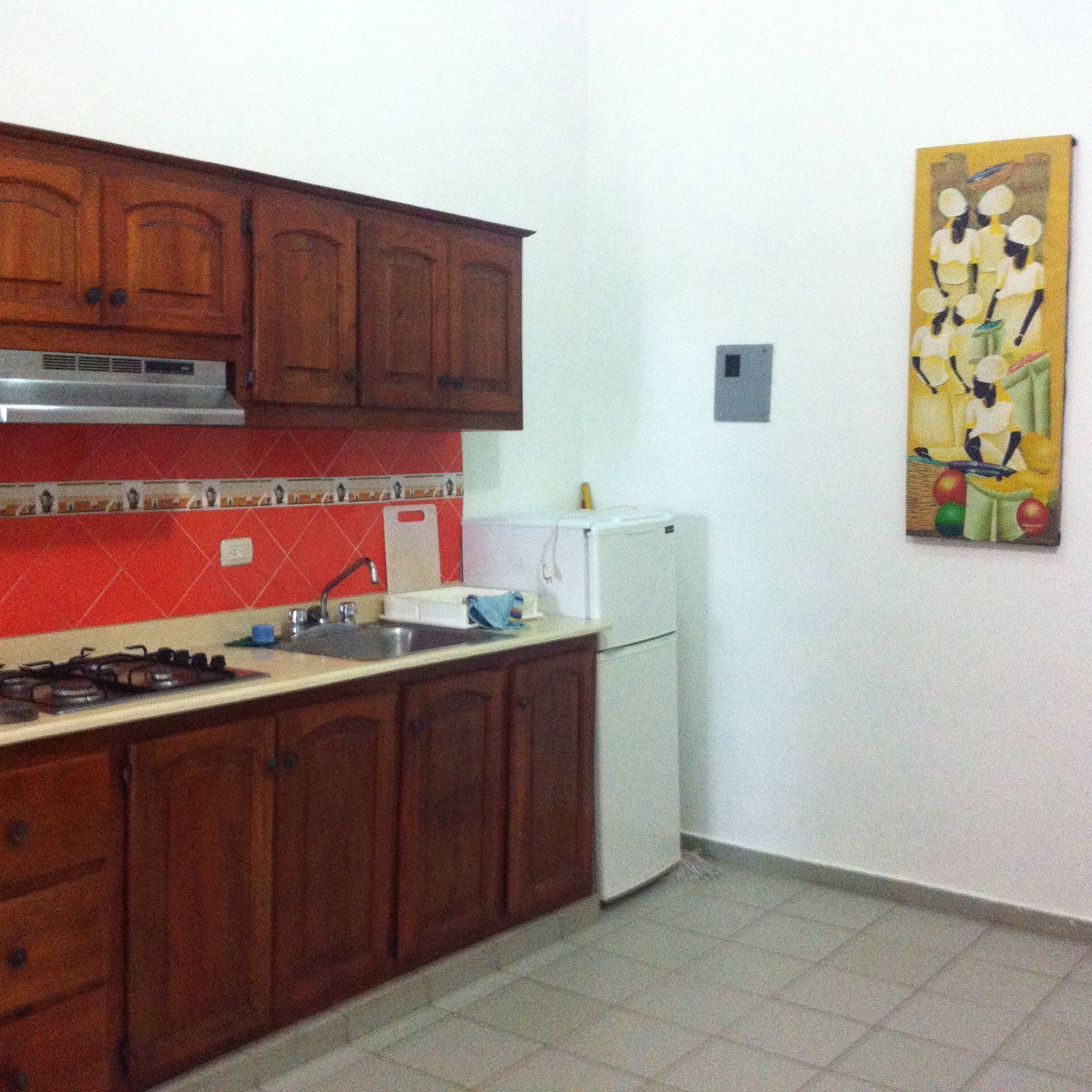 A kitchen with wooden cabinets, a gas stove, a sink, and a refrigerator.