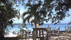 Un espace aménagé avec des chaises et des tables en plastique, situé au bord de la plage et offrant une vue sur la mer.