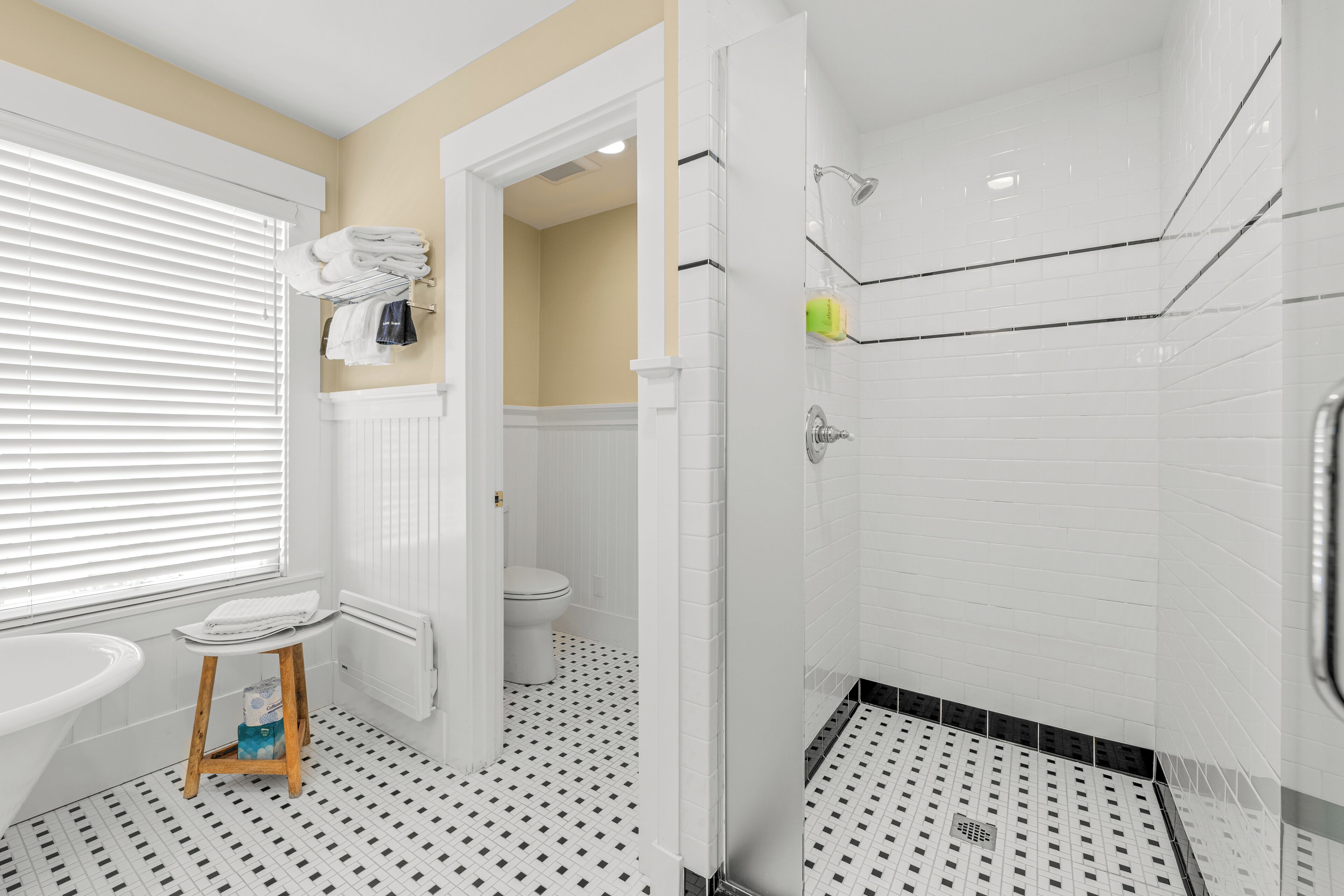 Une salle de bain avec une baignoire blanche, des toilettes et un espace douche.